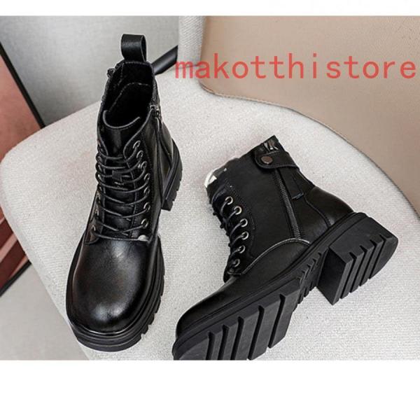 4.5cm 厚底 ショートブーツ 太ヒール 編み上げブーツ サイドジップ ハイヒール ブーティ レースアップ プラットフォーム 株式会社錦歩きやすい 軽い 防滑 黒