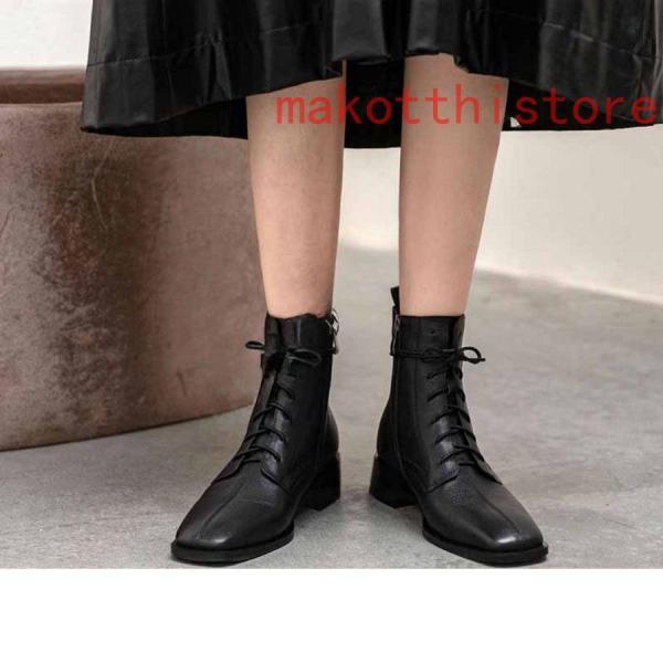 3.5CM 厚底 ショートブーツ 太ヒール 編み上げブーツ レースアップ 袴ブーツ 錦 卒業式 衣装 ブーツ ハイヒール レディース 黒 白 スクエアヒール 履きやすい