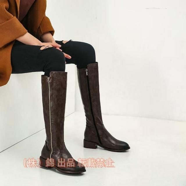 ブーツ ロングブーツ レディース ジョッキーブーツ 疲れない 歩きやすい ローヒール ロング ワイズ 幅広 甲高 冬 靴 錦大きいサイズ 無地 あたたかい 低ヒール