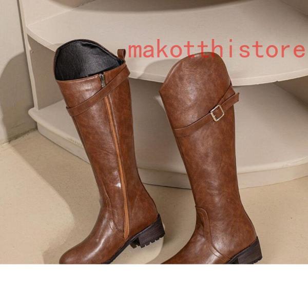 ロングブーツ 大きいサイズ 3L 25.0cm ベルトバックル ロングブーツ ジョッキーブーツ 歩きやすい ヒール4cm 黒 レディース靴 株式会社錦秋ブーツ コスプレ