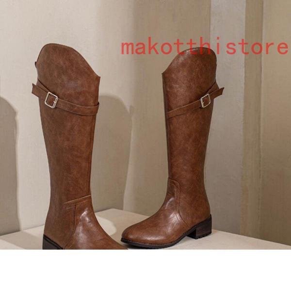 ロングブーツ 大きいサイズ 3L 25.0cm ベルトバックル ロングブーツ ジョッキーブーツ 歩きやすい ヒール4cm 黒 レディース靴 株式会社錦秋ブーツ コスプレ