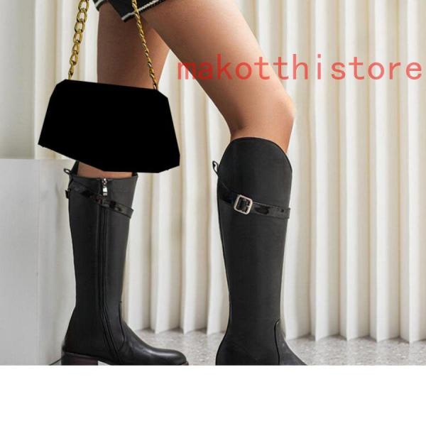 ロングブーツ 大きいサイズ 3L 25.0cm ベルトバックル ロングブーツ ジョッキーブーツ 歩きやすい ヒール4cm 黒 レディース靴 株式会社錦秋ブーツ コスプレ
