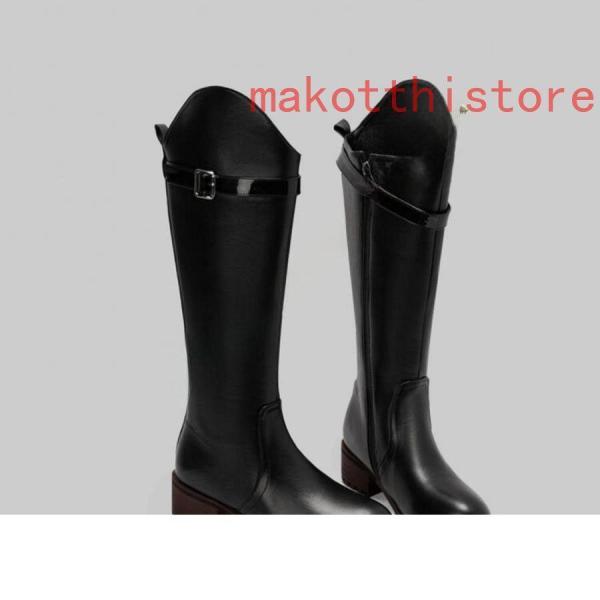 ロングブーツ 大きいサイズ 3L 25.0cm ベルトバックル ロングブーツ ジョッキーブーツ 歩きやすい ヒール4cm 黒 レディース靴 株式会社錦秋ブーツ コスプレ