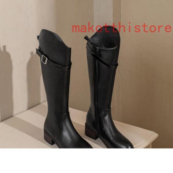 ロングブーツ 大きいサイズ 3L 25.0cm ベルトバックル ロングブーツ ジョッキーブーツ 歩きやすい ヒール4cm 黒 レディース靴 株式会社錦秋ブーツ コスプレ