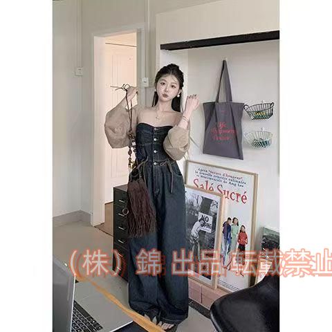 レディース サロペット オーバーオール チューブトップ ビスチェ セクシー ウエストゴム株式会社錦 ロングパンツ ワイドパンツ デニムパンツ gパン