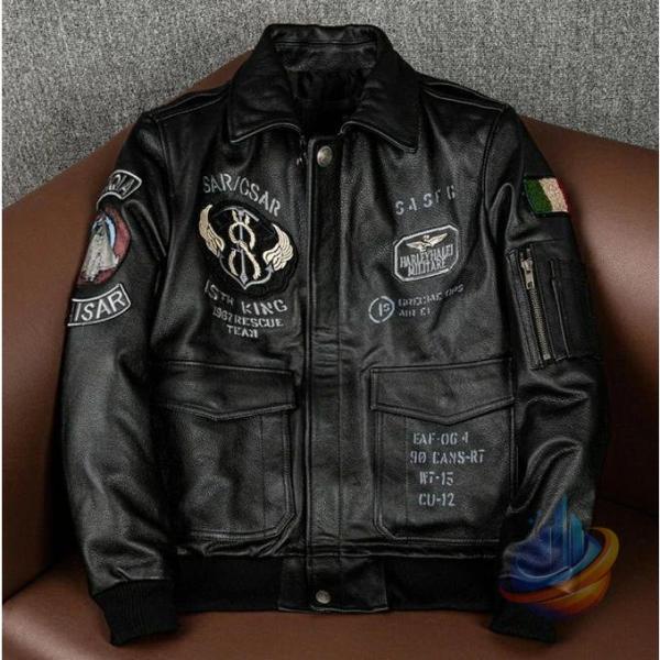 ライダースジャケット ミリタリージャケット メンズ 折り襟 個性刺繍ワッペン付きゾンチー牛革 バイクジャケット バイクウェア 秋冬用 防風耐磨 大きいサイズ
