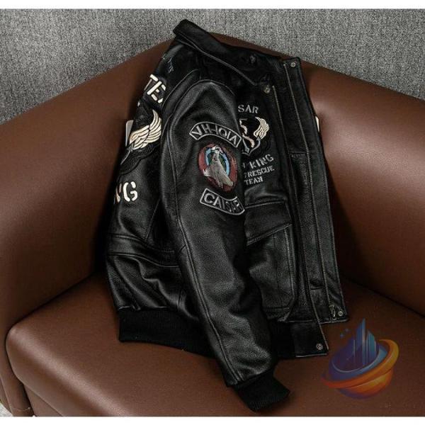 ライダースジャケット ミリタリージャケット メンズ 折り襟 個性刺繍ワッペン付きゾンチー牛革 バイクジャケット バイクウェア 秋冬用 防風耐磨 大きいサイズ_1