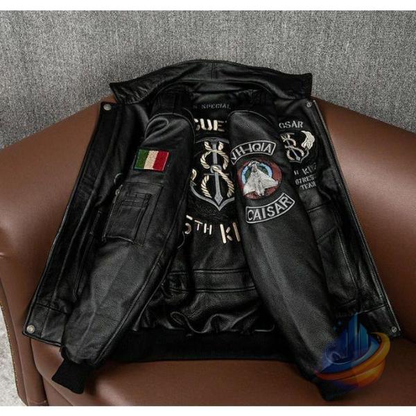 ライダースジャケット ミリタリージャケット メンズ 折り襟 個性刺繍ワッペン付きゾンチー牛革 バイクジャケット バイクウェア 秋冬用 防風耐磨 大きいサイズ_3