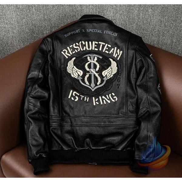 ライダースジャケット ミリタリージャケット メンズ 折り襟 個性刺繍ワッペン付きゾンチー牛革 バイクジャケット バイクウェア 秋冬用 防風耐磨 大きいサイズ_4