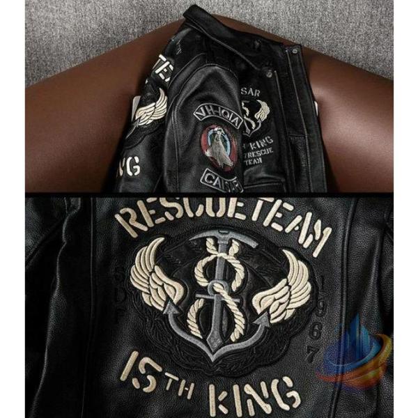 ライダースジャケット ミリタリージャケット メンズ 折り襟 個性刺繍ワッペン付きゾンチー牛革 バイクジャケット バイクウェア 秋冬用 防風耐磨 大きいサイズ_7