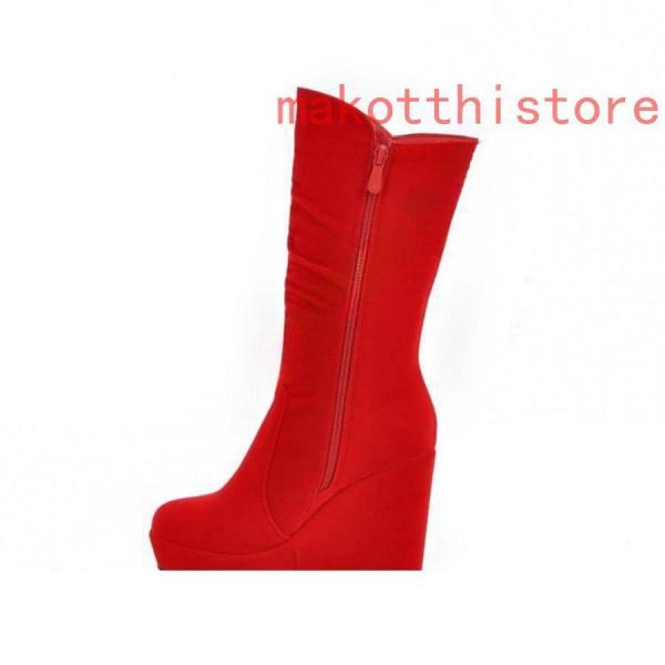 レディース ロングブーツ スエード ラウンドトゥ 厚底 ウェッジヒール