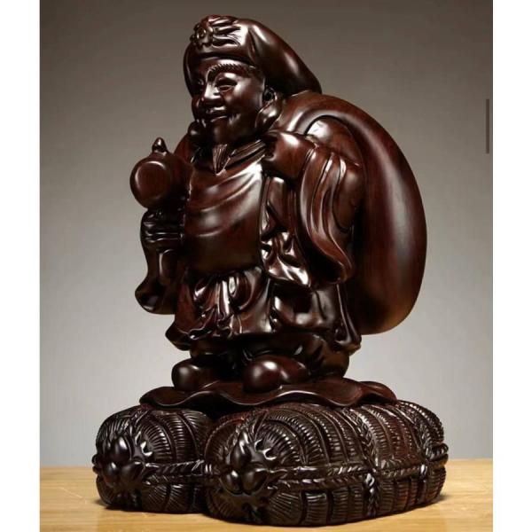 特売！大黒天 縁起物 仏師で仕上げ品 株式会社錦 黒檀木 彫刻工芸品 精密彫刻 置物