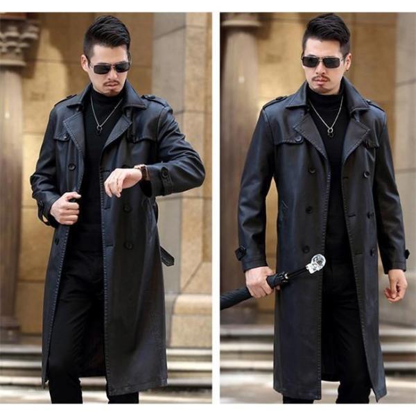 レザーコート メンズ トレンチコート ロング丈 PU革コート ビジネス