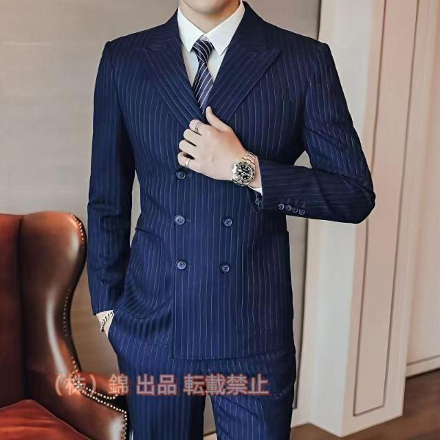 メンズ 3ピーススーツ ダブルスーツ 6つボタン スリーピース スリーピー ビジネススーツ 紳士 ストライプ柄 細身 株式会社錦通勤 結婚式 卒業式
