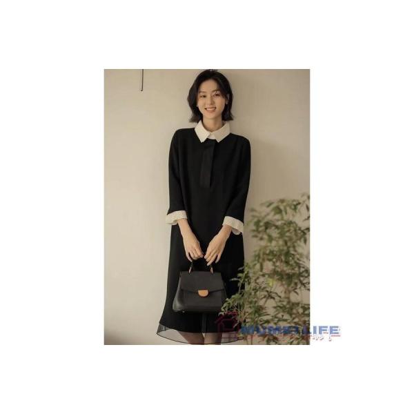 品質重視ブラックワンピース　ストレートライン　白襟　上品　長袖　株式会社S＆L ひざ下丈　20代30代40代50代60代入学式卒園式卒業式結婚式パーティー 品質重視ブラックワンピース ストレートライン 白襟 上品 長袖 株式