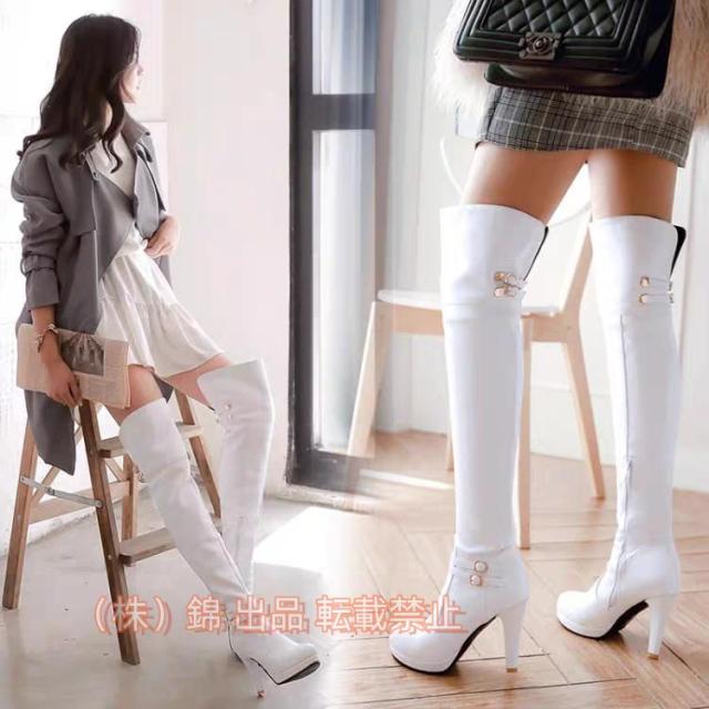 ロングブーツレディースニーハイブーツ9.5CM太いヒールレザー調ベルトバックル美脚最高ジョッキーブーツ防滑黒白株式会社錦歩きやすいハイヒールスムース
