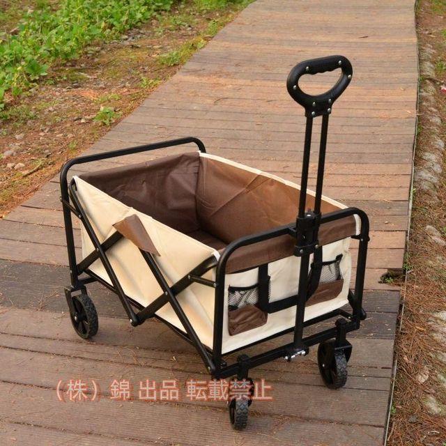 アウトドアワゴンキャリーワゴンキャリーカート折りたたみテーブル天板付き折りたたみ式多用途株式会社錦ハンドル調節可能幅広いタイヤ耐荷重100kg持ち運び便利