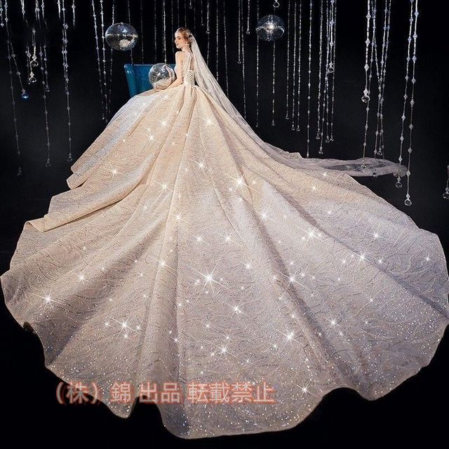 ロングトレーン 高級ウエディングドレスお花嫁ドレスプリンセスライン ブライダル パーティードレス スパンコール 株式会社錦 星空ワンピース 華やか 編み上げ