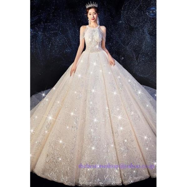 ロングトレーン 高級ウエディングドレスお花嫁ドレスプリンセスライン ブライダル パーティードレス スパンコール 株式会社S＆L 星空ワンピース 華やか 編み上げ ロングトレーン 高級ウエディングドレスお花嫁ドレスプリンセスライン