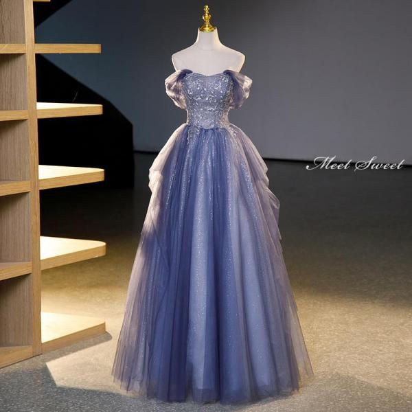 カラードレス編み上げブルーネイビーロングドレス結婚式二次会発表会