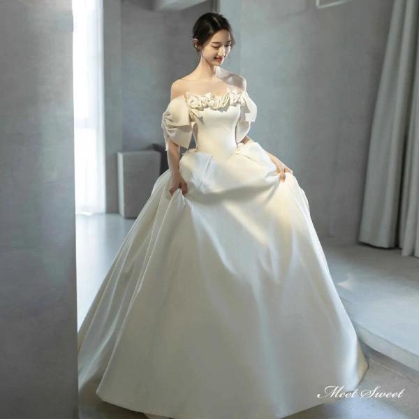 ウェディングドレスウエディングドレスロングドレス二次会結婚式前撮りブライダル花嫁オフショルダー株式会社錦リボンサテン編み上げプリンセスドレス_1