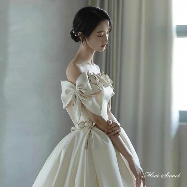 ウェディングドレスウエディングドレスロングドレス二次会結婚式前撮りブライダル花嫁オフショルダー株式会社錦リボンサテン編み上げプリンセスドレス_2