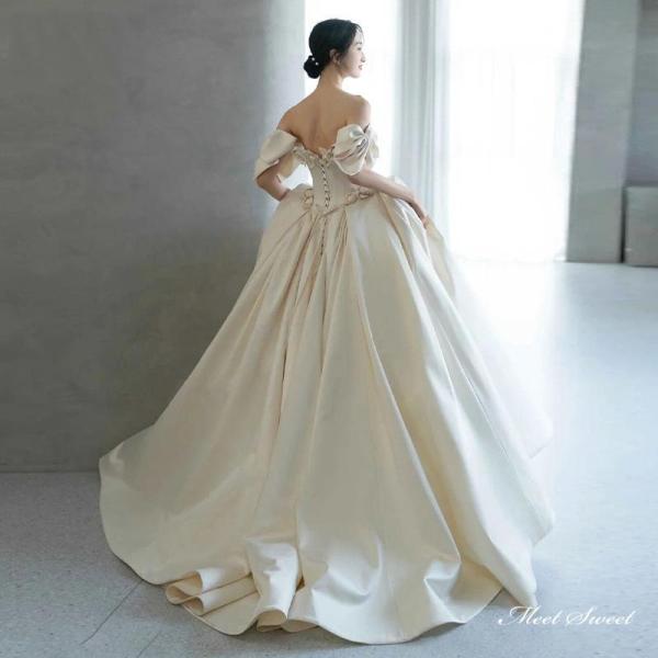 ウェディングドレスウエディングドレスロングドレス二次会結婚式前撮りブライダル花嫁オフショルダー株式会社錦リボンサテン編み上げプリンセスドレス_3
