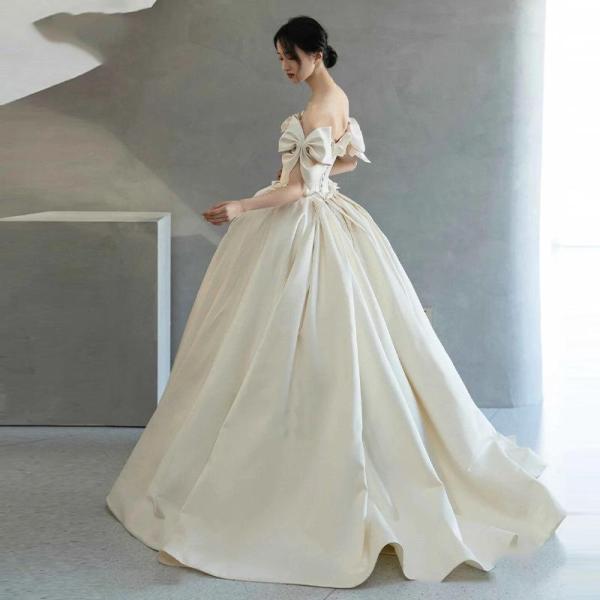 ウェディングドレスウエディングドレスロングドレス二次会結婚式前撮りブライダル花嫁オフショルダー株式会社錦リボンサテン編み上げプリンセスドレス_4