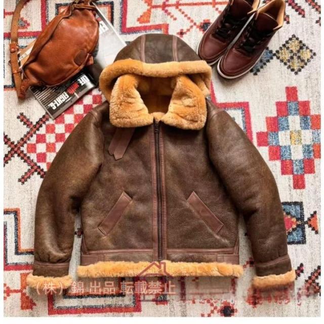 大判で厚手の 羊毛と皮が一体化したものB3プラス 取り外し可能な帽子 防寒対策に最適な 株式会社錦冬用 本革 レザージャケット