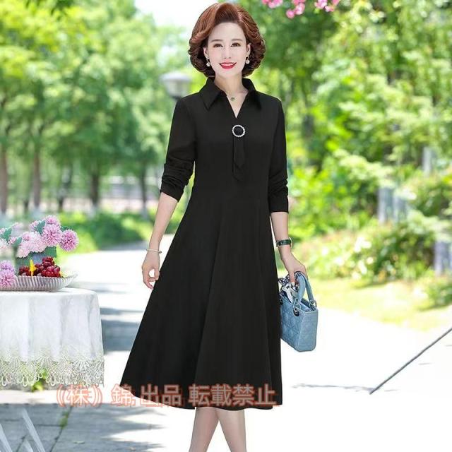 N/A お母さんの春と秋のドレス女性の中年の中年のシャツ襟黒い女性のための黒いドレス 株式会社錦  (Color : Black Size : 3XL code)