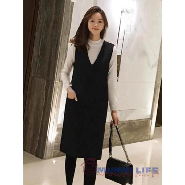 V襟ジャンバースカート ウール ブラック 暖か 防寒 ひざ丈 ジャンパー