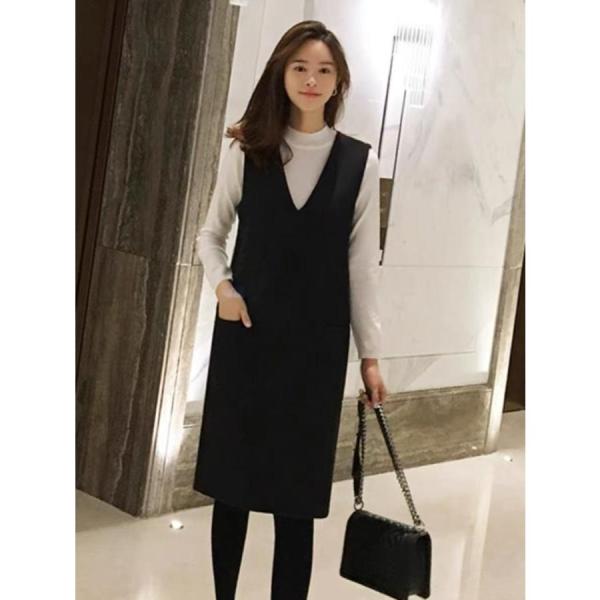 V襟ジャンバースカート ウール ブラック 暖か 防寒 ひざ丈 ジャンパー