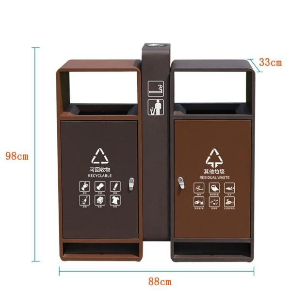おしゃれ屋外ゴミ箱茶色灰色高さ98cm幅88cm奥行き33cm2分類ゴミ箱、金属防錆ごみ箱錦大容量ダストボックス公園町住宅ホテル商業用ゴミ箱、多機能