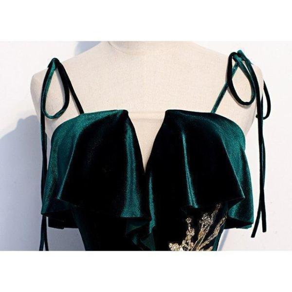 ロングドレス 演奏会 ベロア ベルベット イブニングドレス 緑 グリーン