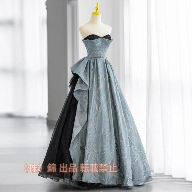 カラードレスブルーシャンパンロングドレス演奏会イブニングドレスプリンセスウェディングドレス前撮り発表会コンサート株式会社錦結婚式成人式ベアトップ