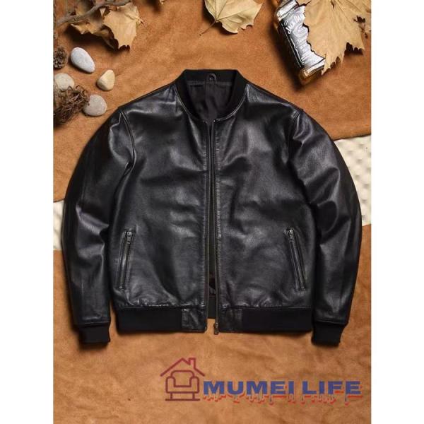 ベースボールシャツの襟本革のレザージャケット上質な牛革を使用中綿