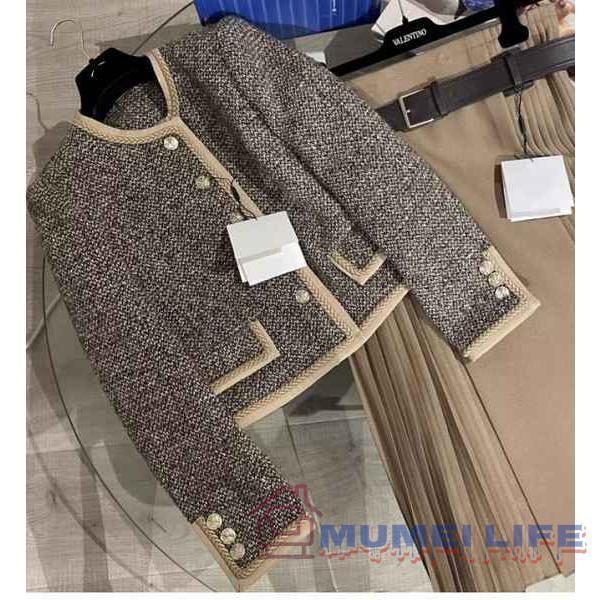 ノーカラージャケット ツイード 定番 ショートジャケット ブラウン系