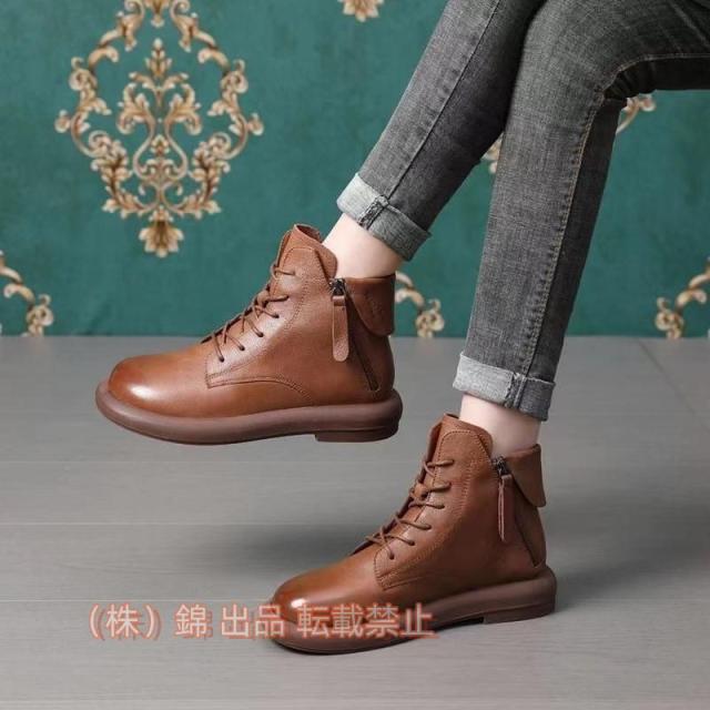 本革レースアップブーツ大きいサイズブーツ牛革レディース袴ブーツショートブーツラウンドトゥ編み上げブーツ株式会社錦疲れないフラットサイドジップ紐