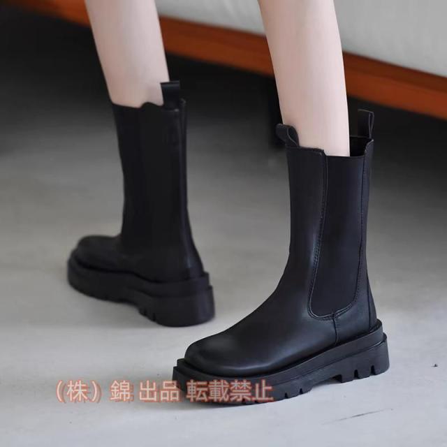 ブーツ ミドル丈 チェルシーブーツ レディース サイドゴア 本革 秋冬靴 厚底靴 ラウンドトゥ 身長アップ 脚長効果 冬 秋 厚底錦  美脚 おしゃれ 滑り止め
