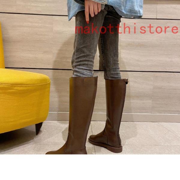 レディースロングブーツジョッキーブーツスムースレザー調チャンキー