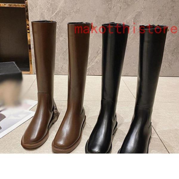 レディースロングブーツジョッキーブーツスムースレザー調チャンキー