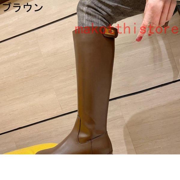 レディースロングブーツジョッキーブーツスムースレザー調チャンキー