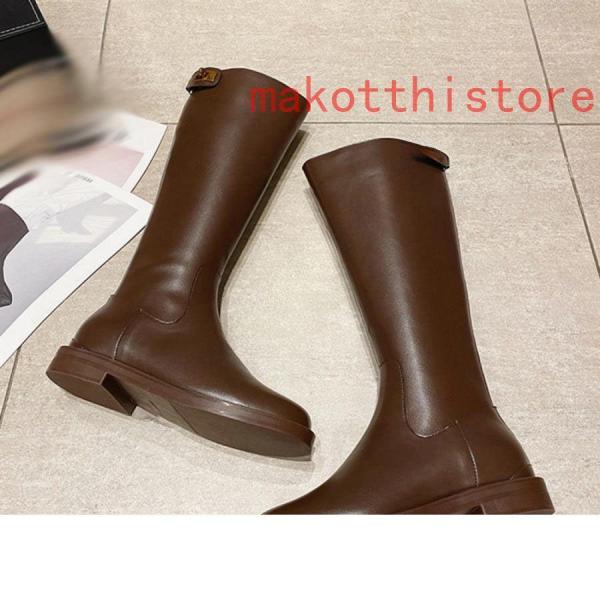 レディースロングブーツジョッキーブーツスムースレザー調チャンキー