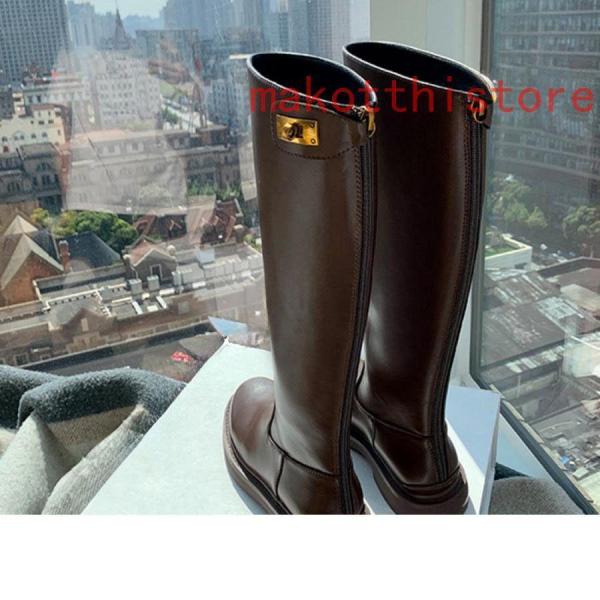 レディースロングブーツジョッキーブーツスムースレザー調チャンキー