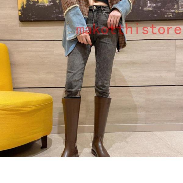 レディースロングブーツジョッキーブーツスムースレザー調チャンキー