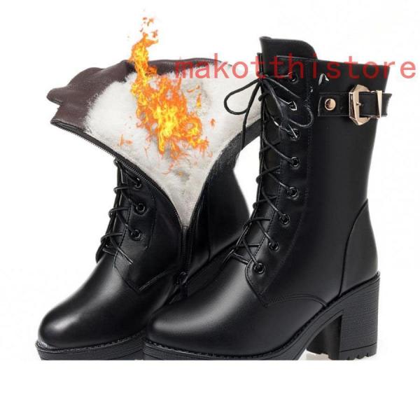 7cm レディース ショートブーツ 厚底 黒 太ヒール レースアップ サイド