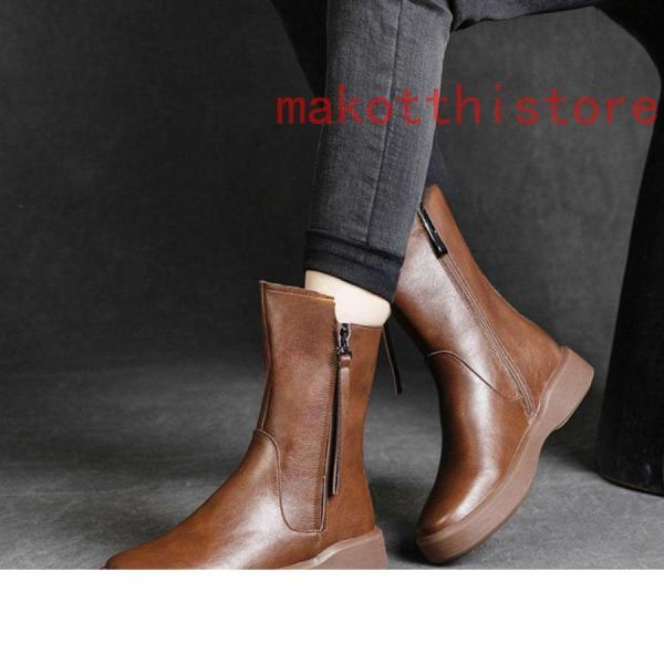 レディース ショートブーツ 本革 サイドジップ フラット 歩きやすい