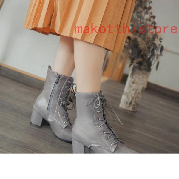 ショートブーツ ジャンヌ ダルク風 太ヒール 編み上げブーツ レースアップ株式会社錦  袴ブーツ パンク靴 ベージュ 大きいサイズ 23.5cm チャンキーヒール