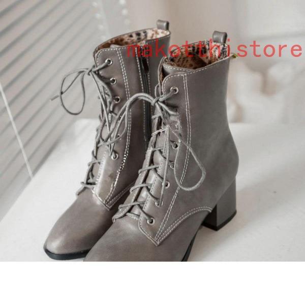 ショートブーツ ジャンヌ ダルク風 太ヒール 編み上げブーツ レースアップ株式会社錦  袴ブーツ パンク靴 ベージュ 大きいサイズ 23.5cm チャンキーヒール