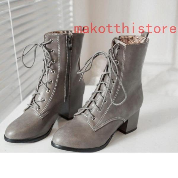 ショートブーツ ジャンヌ ダルク風 太ヒール 編み上げブーツ レースアップ株式会社錦  袴ブーツ パンク靴 ベージュ 大きいサイズ 23.5cm チャンキーヒール